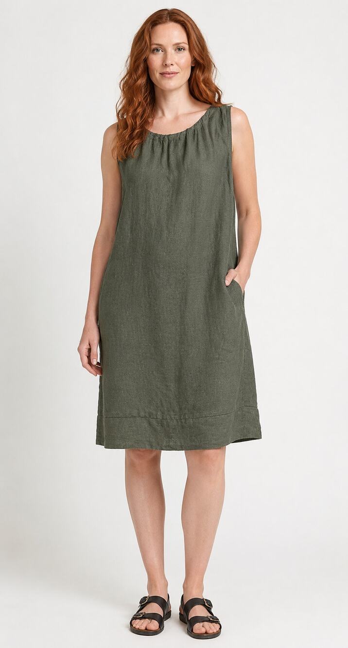 Pistache Linen Gathered Dress Knee Length Green Vine Womens Size Medium New